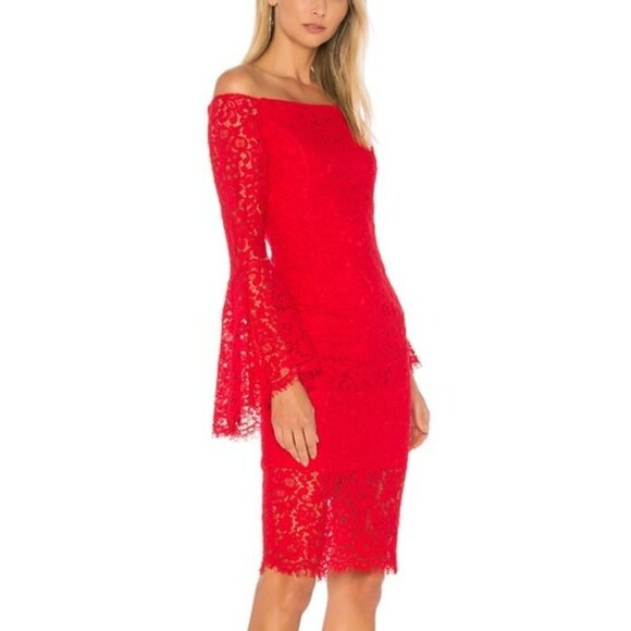 BARDOT Solange Bell Sleeve Lace Cocktail Dress Formula One Red Off Shoulder 4 - Picture 2 of 10